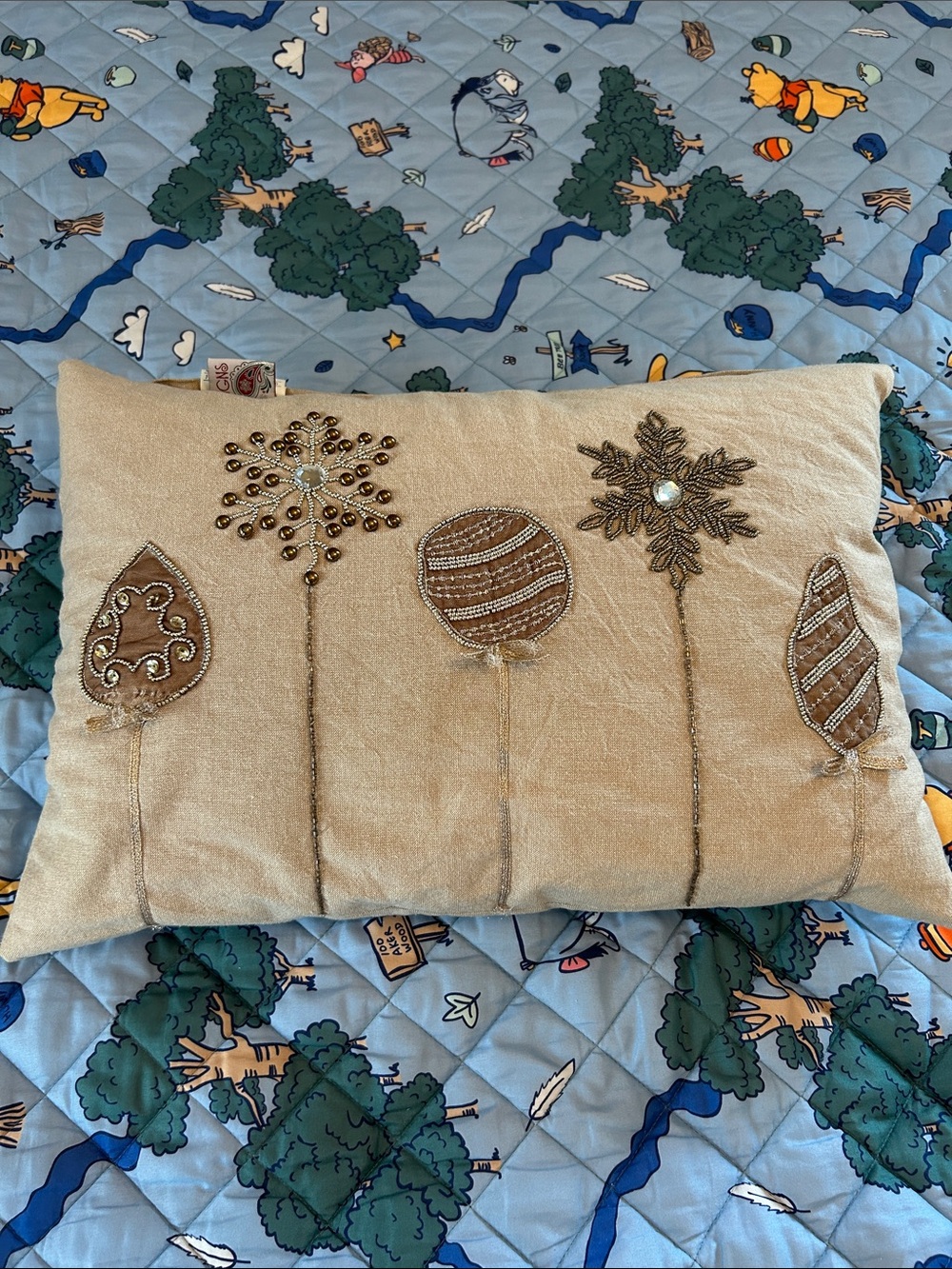 Beige Embellished Holiday Pillow with Metallic Accents